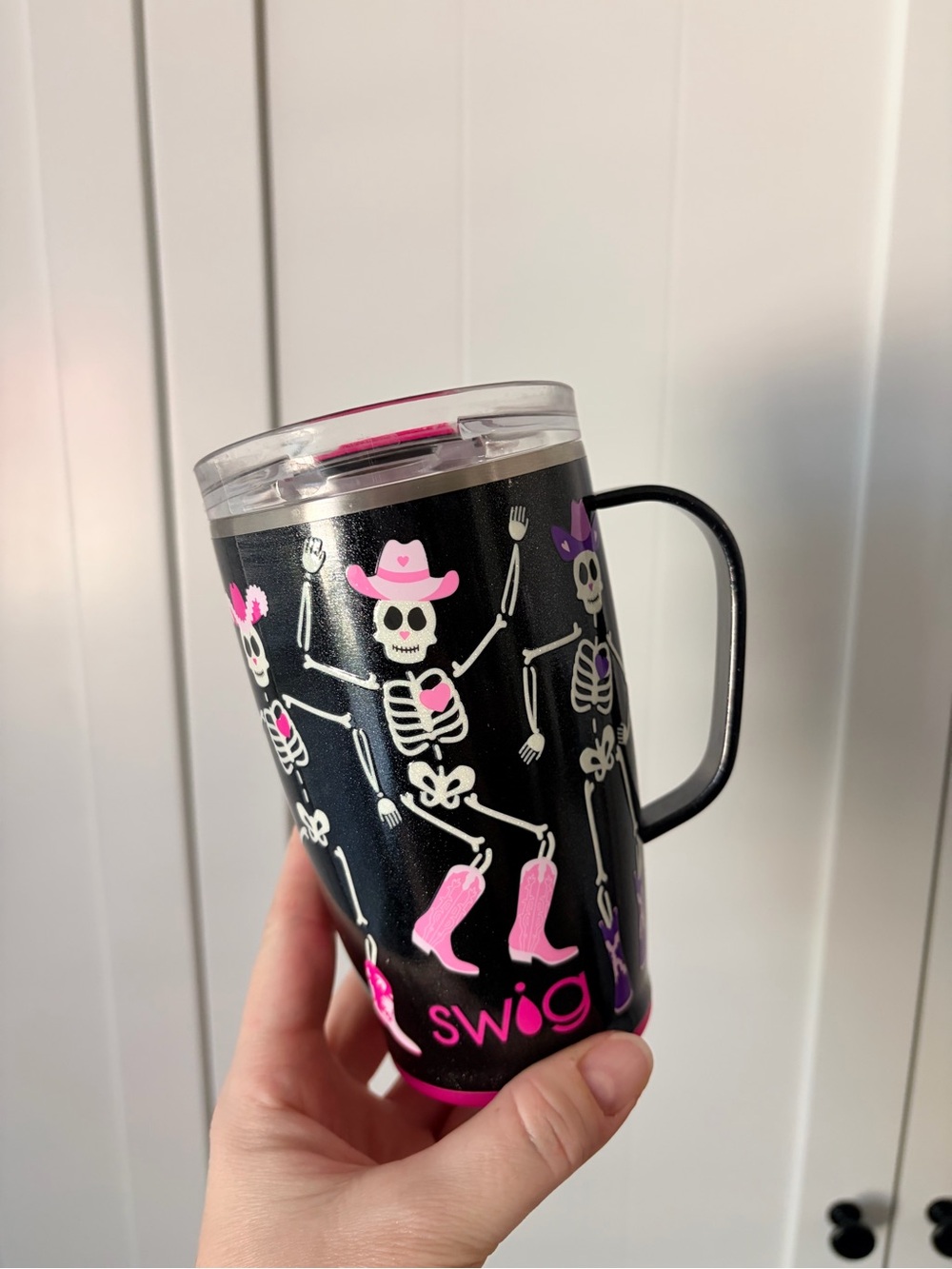 Swig Black Travel Mug with Pink & Purple Skeleton Design and Handle